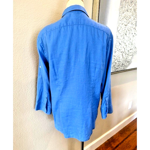 Chaps Classic 100% Linen BLUE Button Down Shirt Women LARGE Roll Tab 3/4 Sleeve - Picture 2 of 7